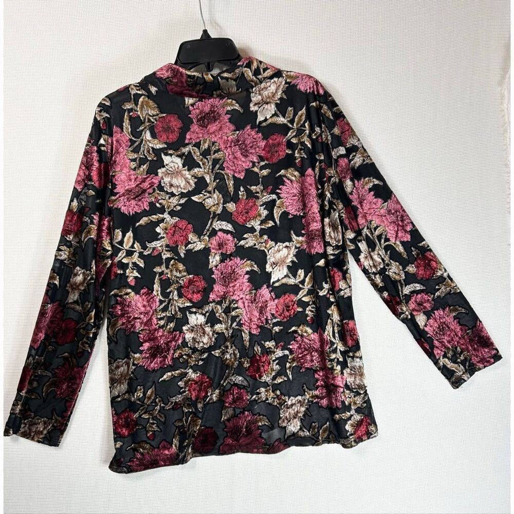 Laura Scott Floral Velvet Burnout Blouse Top Black Red Gold Long Sleeve XL